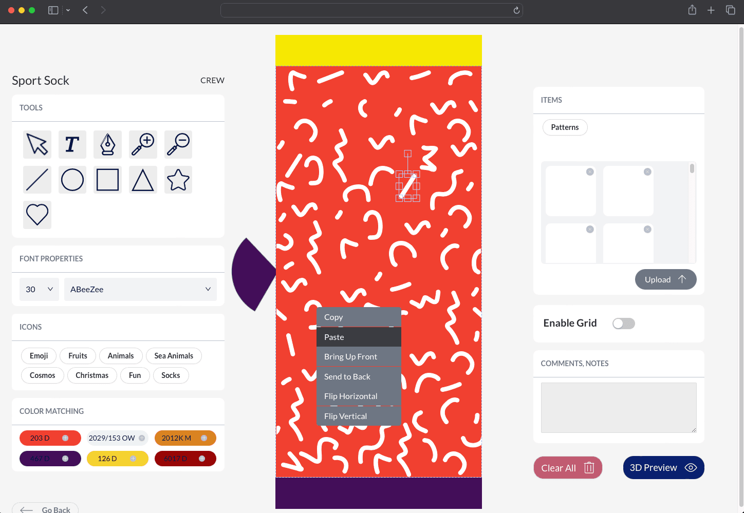 Template and artwork placement for a sock configurator