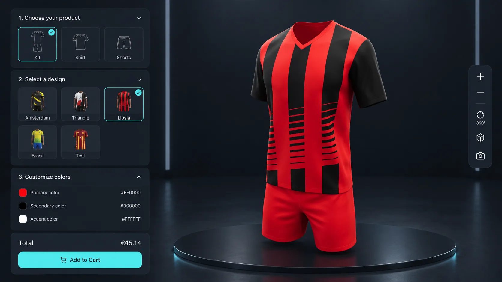 3D jersey configurator showing a customisable team shirt