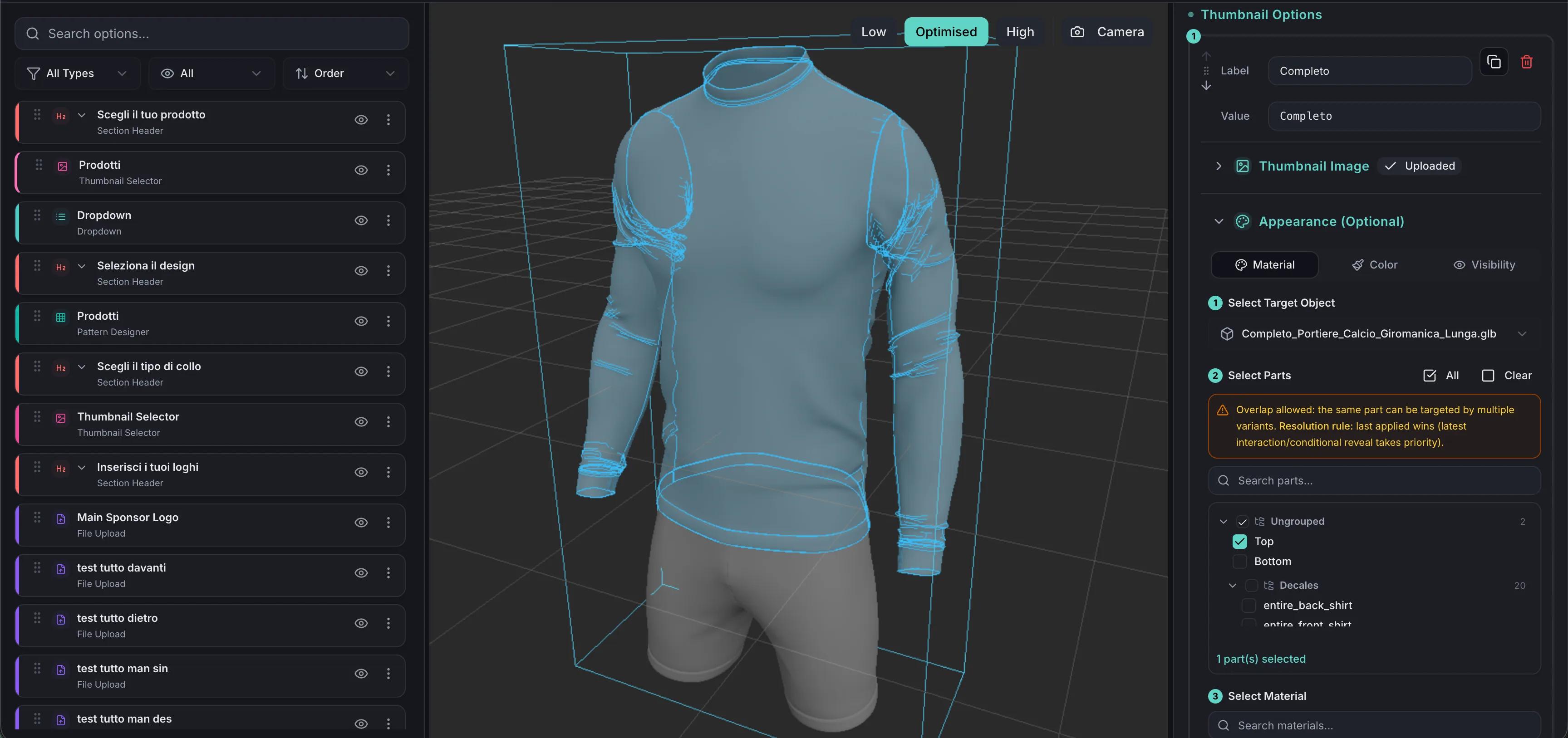 Jersey configurator 3D asset showing kit design
