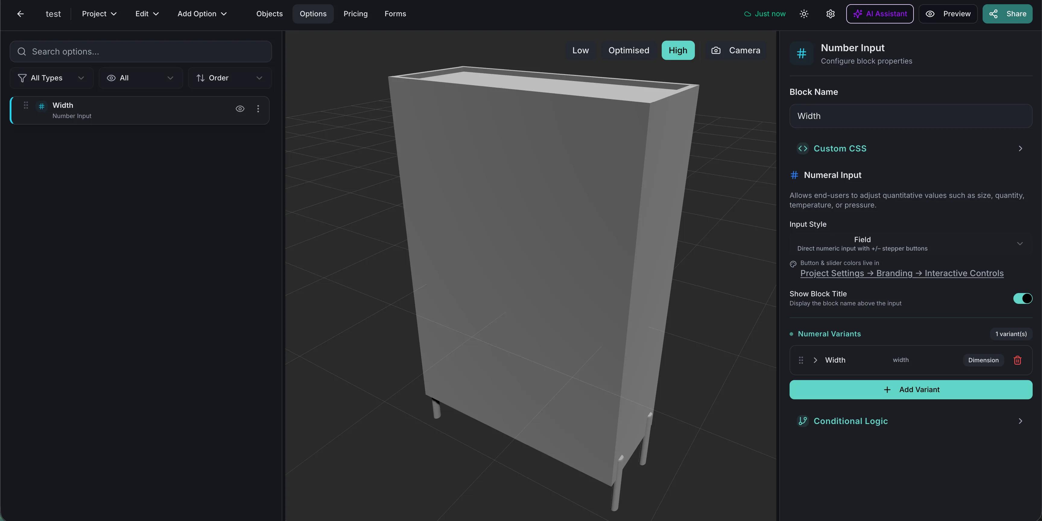 Furniture configuration interface built with Simplio3D