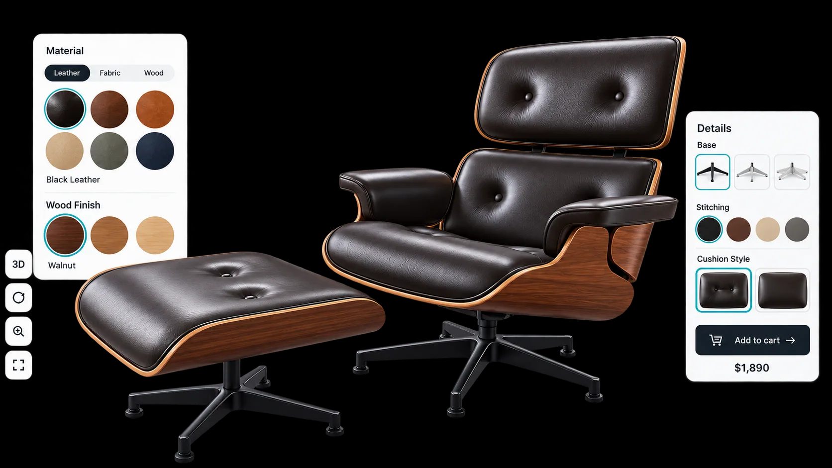 3D furniture configurator showing a customisable furniture piece