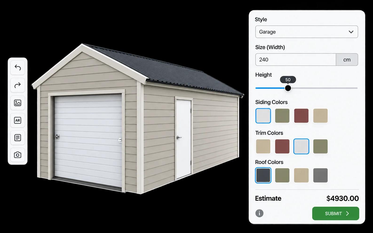 Garage building configured in 3D with options and pricing